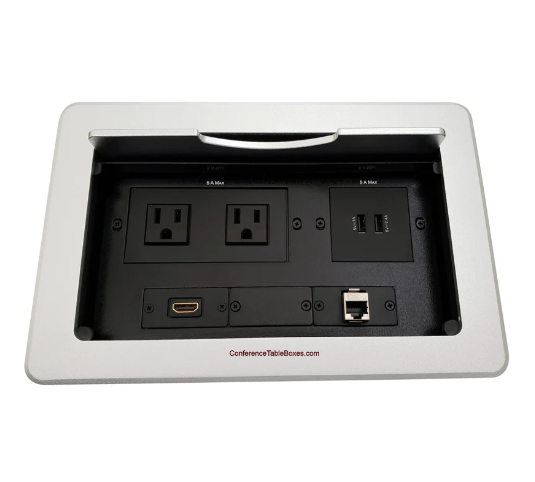 Lew Electric TBUS-10-S7 Cable Well Conference Table Box W/ 2 Power, 2 Charging USB,1 HDMI & Cat6, Silver
