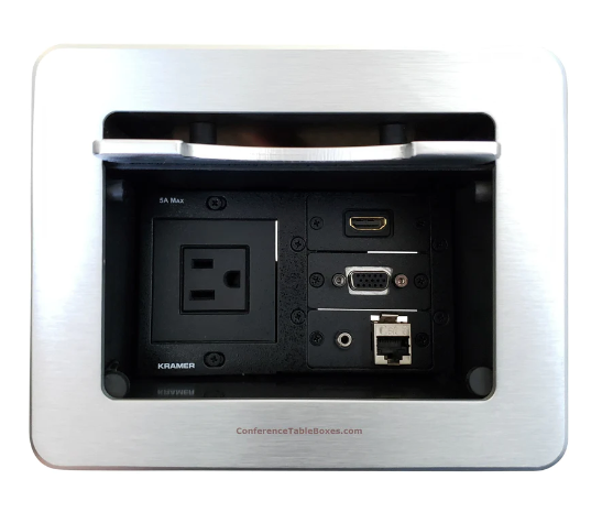 Lew Electric TBUS-5-S4 Cable Well Table Box W/ 1 Power, 1 HDMI, 1 Cat6, 1 VGA & 1 Audio, Silver