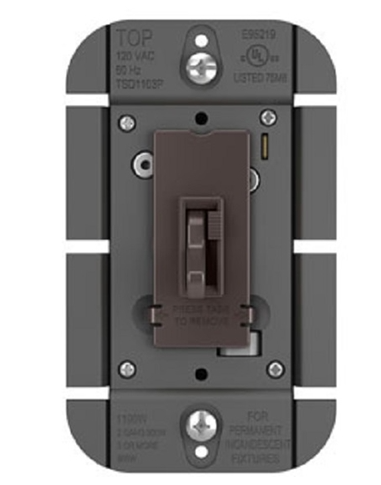 Wattstopper TSD1103P Toggle Slide Dimmer Incandescent Single Pole/3-Way, 1100W Brown Finish