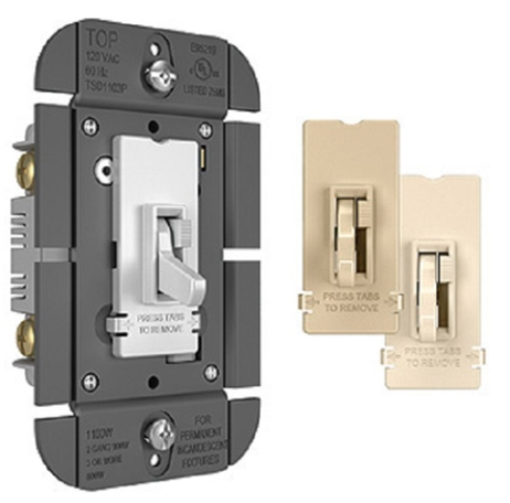 Wattstopper TSDFB83PTC Fluorescent Single Pole/ 3-Way Toggle Fluorescent Toggle Slide Dimmer, 3W, 8A, Tri-Color Finish