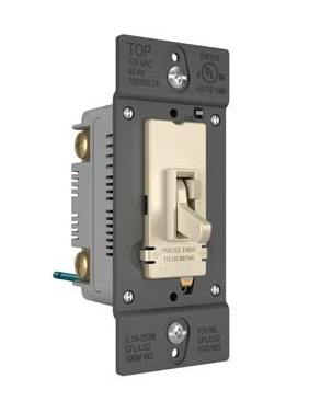 Wattstopper TSDSSL7APLA TradeMaster® SSL7A-Compliant LED/CFL/Incandescent Single Pole/3-Way Toggle Slide Dimmer, Light Almond
