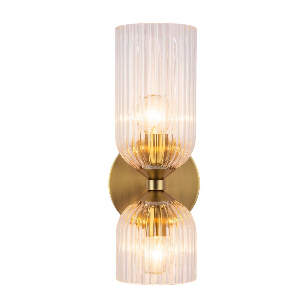 Alora Mood WV442612BGCR 12 inch Nelly 2 Light Brushed Gold and Clear Ribbed Glass Bath Vanity Wall Light