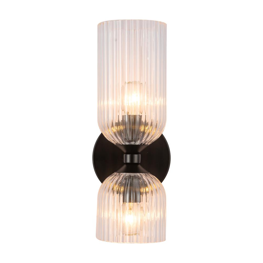 Alora Mood WV442612MBCR 12 inch Nelly 2 Light Matte Black and Clear Ribbed Glass Bath Vanity Wall Light