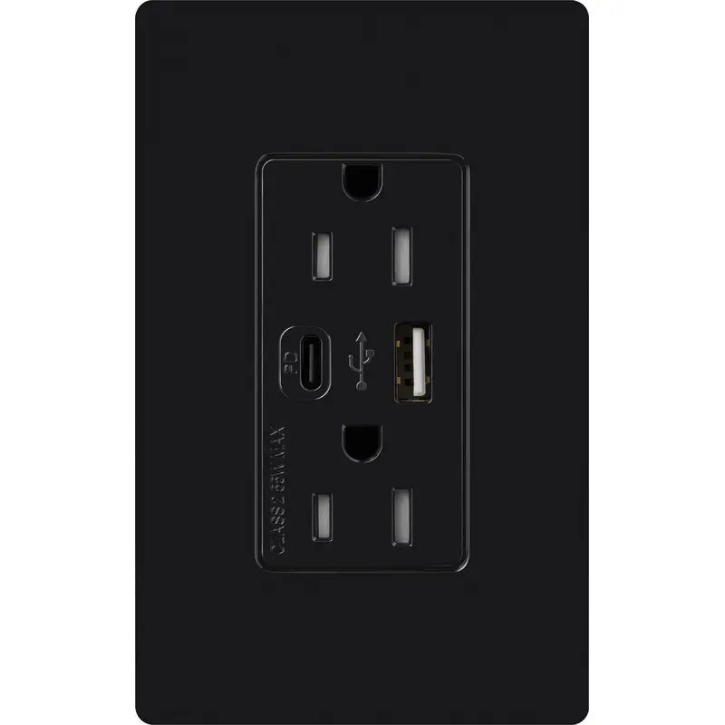 Lutron CAR-15-ACTR-BL Claro 15A Tamper-Resistant USB Type A and C Duplex Receptacle - Finish: Black