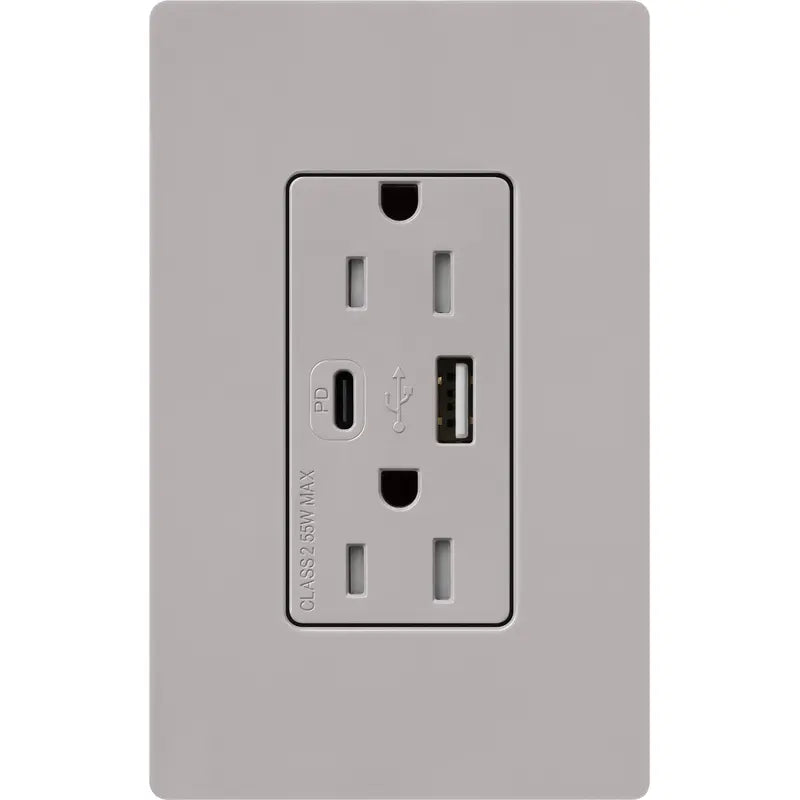 Lutron CAR-15-ACTR-GR Claro 15A Tamper-Resistant USB Type A and C Duplex Receptacle - Finish: Gray