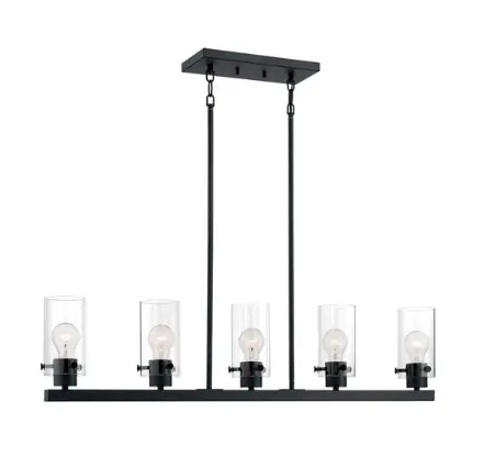 Nuvo 60-7276 Sommerset Series Island Pendant Light w/ Clear Glass, 5 Lights, Wattage 60W, Matte Black