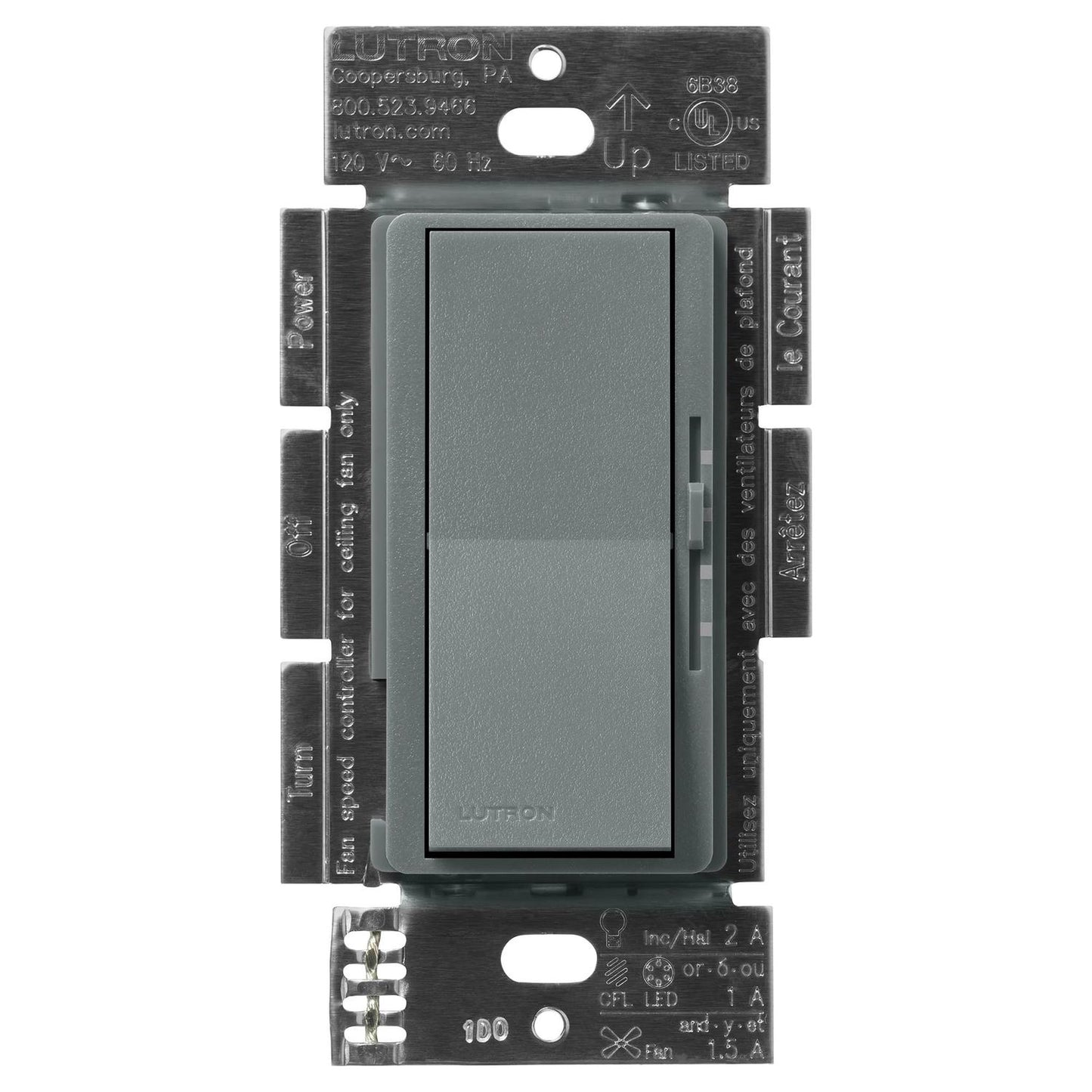 Lutron DVSCFSQ-LF-SL Diva Quiet Single Pole 3-Speed Fan Control and Light Switch - Finish: Slate
