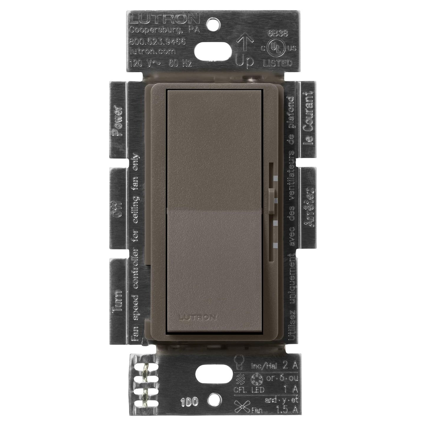 Lutron DVSCFSQ-LF-TF Diva Quiet Single Pole 3-Speed Fan Control and Light Switch - Finish: Truffle