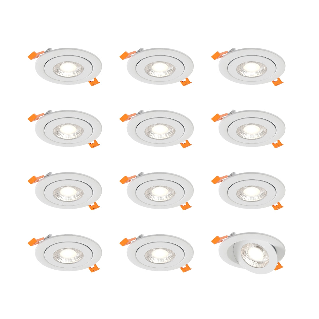 DALS Lighting FGM4-CDW-WH-K12 4″ Flat Round Gimbal Recessed Downlight - 120V - CCT: 5CCT + 3000K – 2200K - Finish: White (Kit of 12)