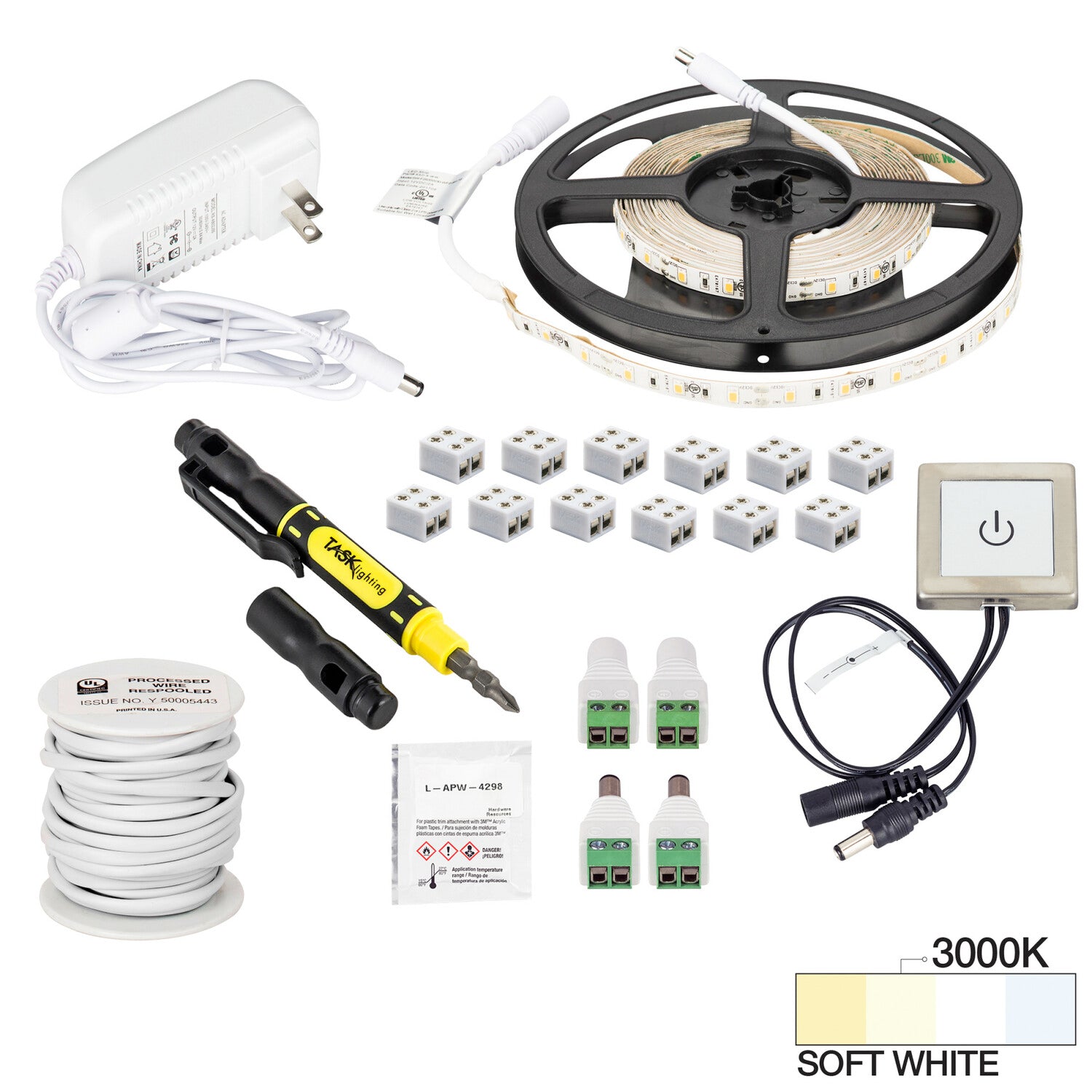 Task Lighting L-RTDRK-16-40 16 Ft. 120 Lumens Per Foot Radiance Touch Dimmer Switch Tape Light Kit, 3000K Cool. White, Retail Box