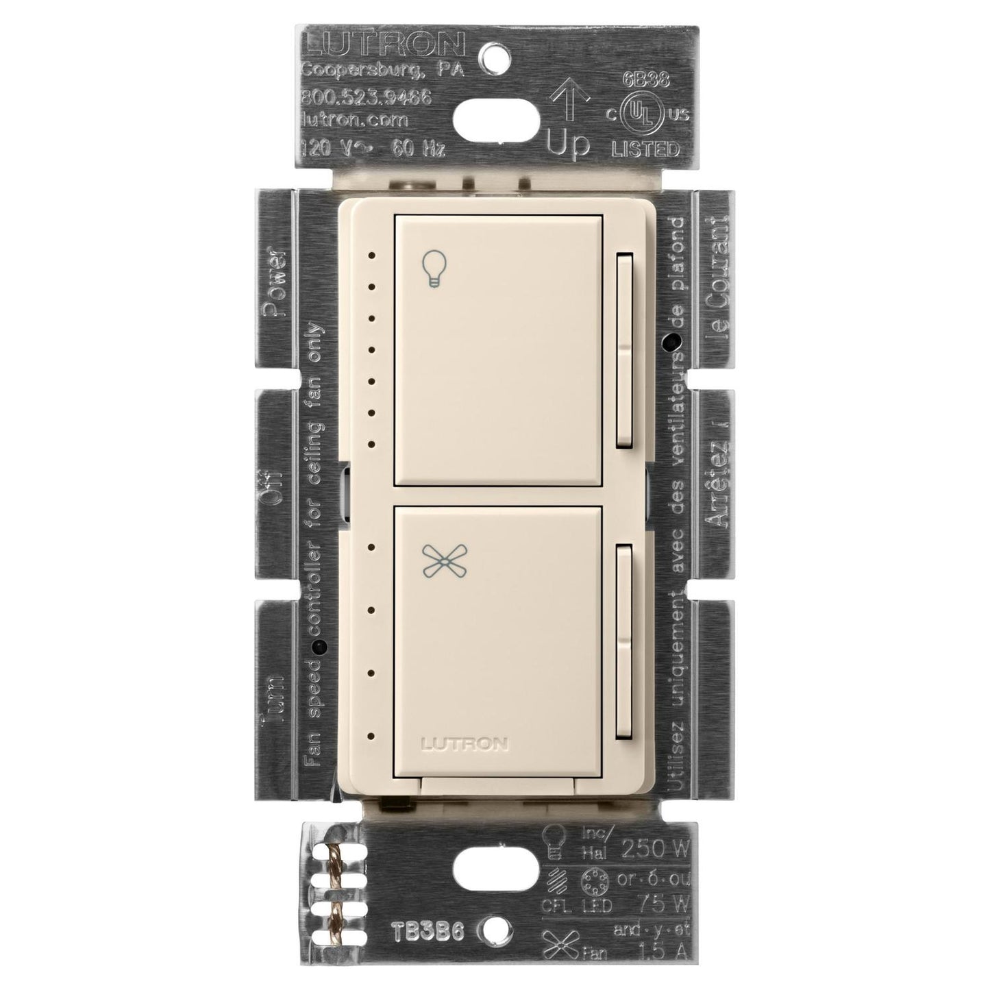 Lutron MACL-LFQH-LA Maestro Dual LED+ Dimmer and 4-Speed Fan Control - No Neutral Required - 1.5A Fan, 75W LED Light - Finish: Light Almond