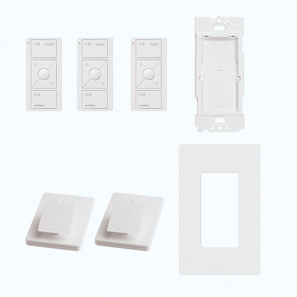 Lutron P-BDGPRO-PKG3AW Caseta Audio Kit - Includes: Smart Hub PRO, 3 Pico Remotes w/ Audio Icons, 2 Pedestals, and Wall Adapter w/ Wall Plate - Finish: White