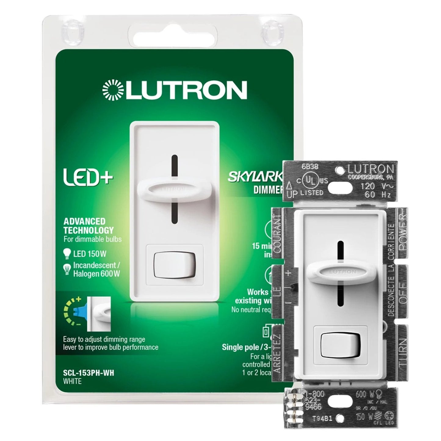 Lutron SCL-153PH-WH Skylark LED Dimmer Switch - 150W LED or 600W Inc/Hal - 120V - Single Pole/3 Way - Finish: Matte White
