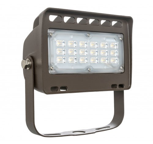 Small LED flood light in dark bronze with die-cast aluminum housing, mounted bracket, and visible LED array.