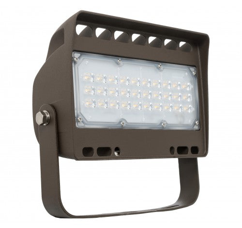 Large dark bronze LED flood light with a rectangular design and adjustable bracket, part of Westgate LF4-50CW-TR series.