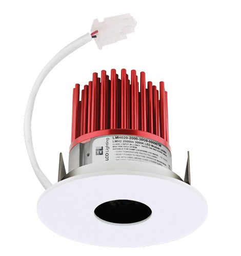 Black pinhole trim with white ring finish on ELCO 3" LED light engine; red heat sink and attached wiring visible.