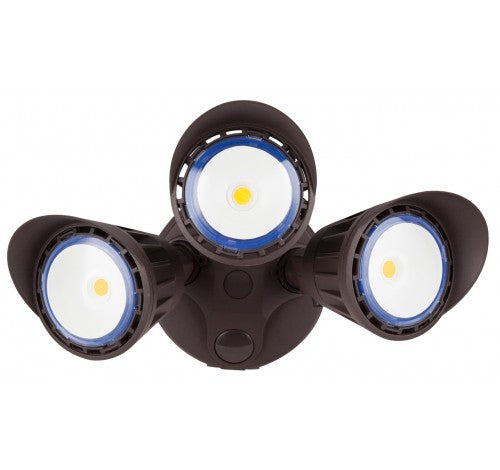 Dark bronze LED security lights with three adjustable heads, featuring white and blue lenses.