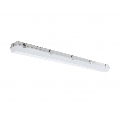2ft LED linear vapor light with opal lens, rectangular shape, stainless steel clips, and polycarbonate construction.