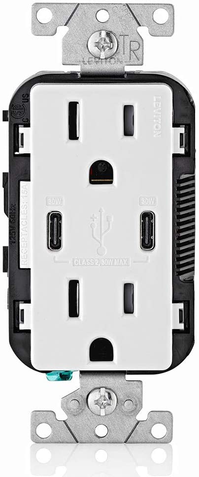 Leviton T5635-W USB Dual Type-C with Power Delivery (PD) In-Wall Charger with 15 Amp, 125 Volt Tamper-Resistant Outlet, White