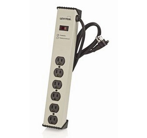 Leviton 5300-IPS 15A Surge Protected 6-Outlet Strip With Switch And 6 Feet 14-3 SJT Cord Length Aluminum Housing 125V AC - BuyRite Electric