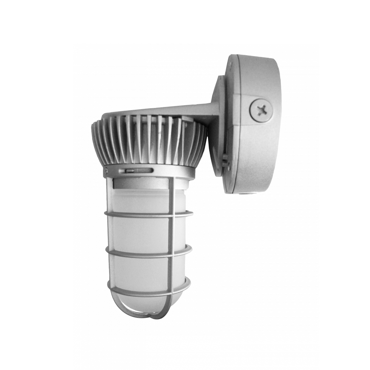 Silver Westgate VTU-20W-50K LED vapor light with frosted glass, die-cast housing, and a robust metal guard.