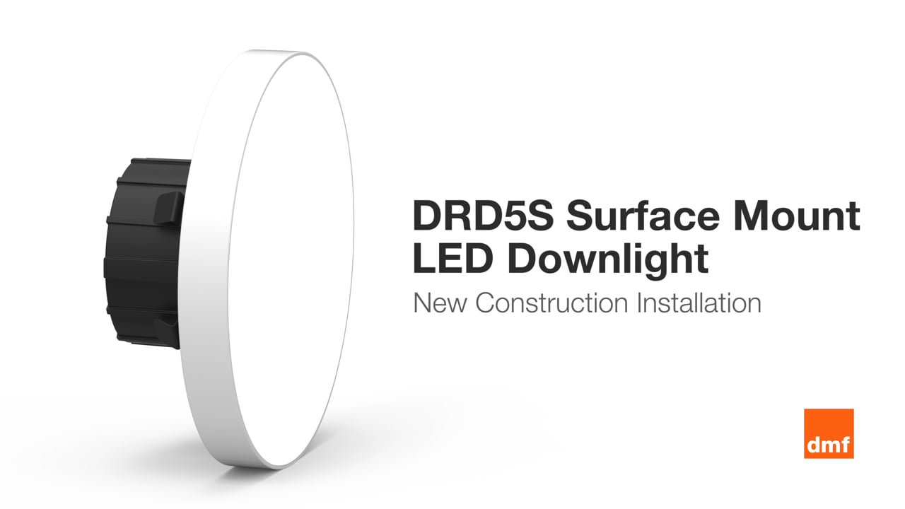 White round LED surface mount light with black fixture casing, DMF DRD5S4R10927, 4-inch, 1000 lm, 2700K, new construction use.