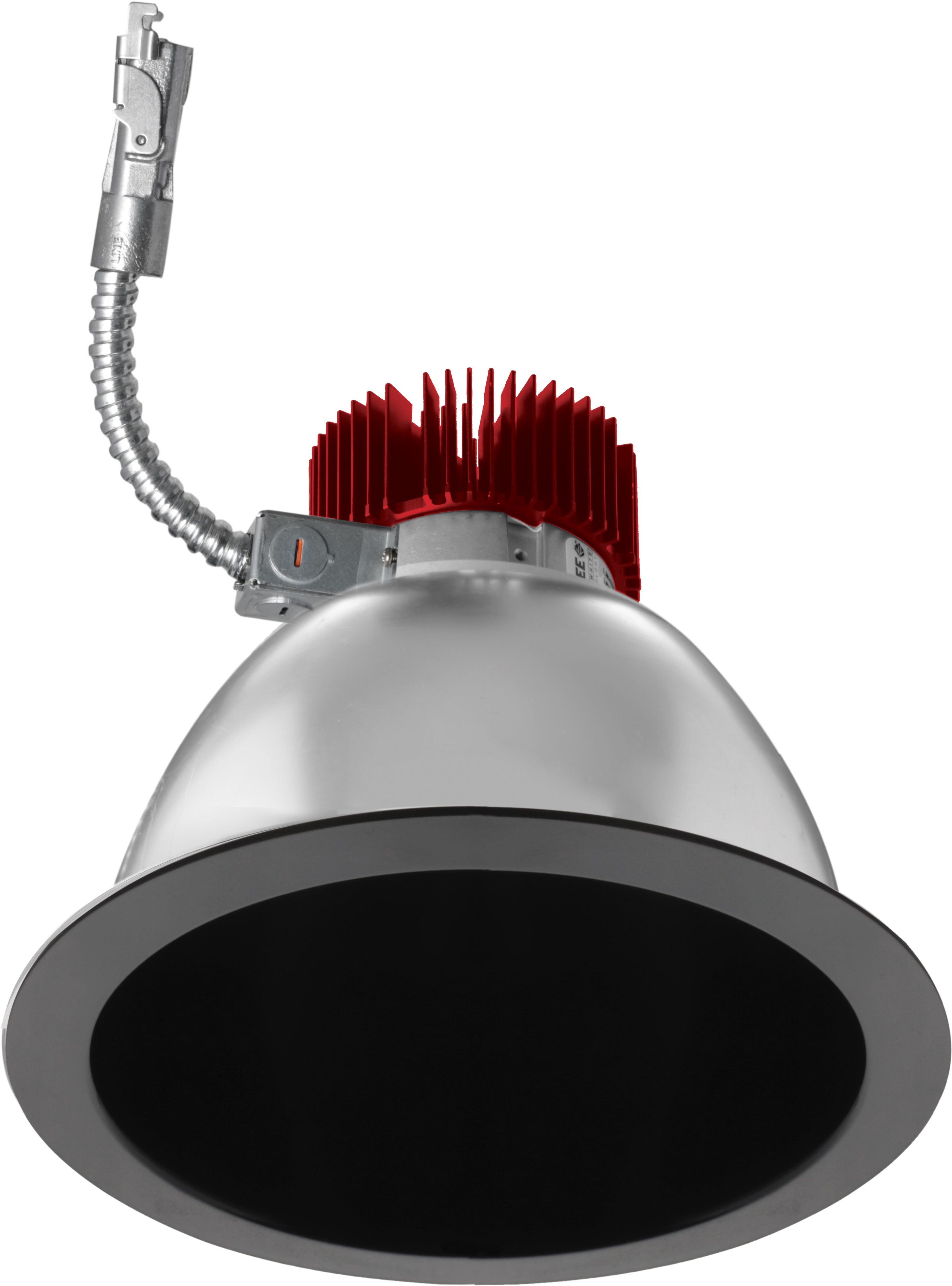 8-inch black reflector LED light trim with red heat sink and metal conduit; part of the ELCO Lighting E810L3027B series.