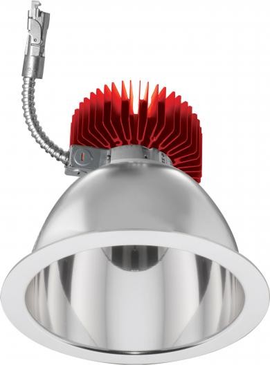 9" chrome finish reflector LED light engine trim with red heat sink, designed for recessed lighting, dimmable, 4000K, 6000 lm.