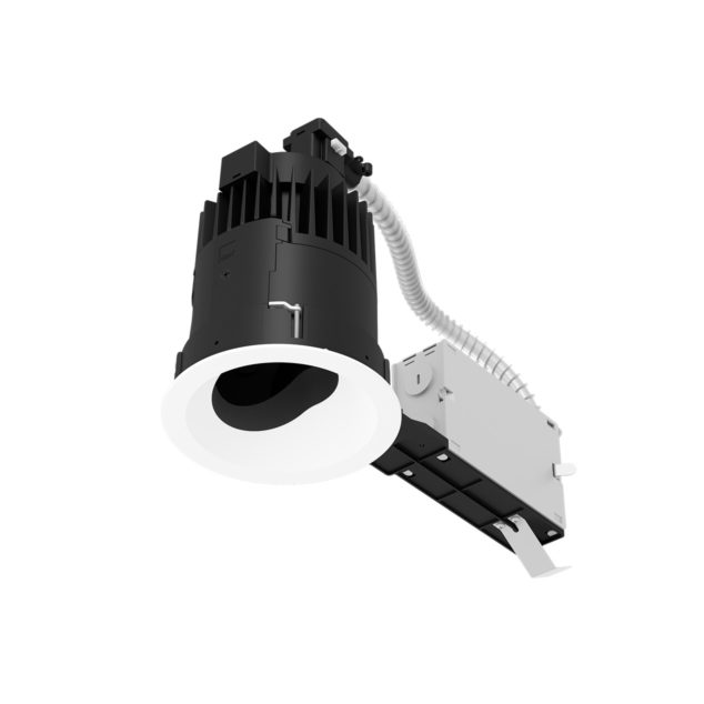 DMF LIGHTING DCD4 Adjustable LED module with black cylindrical housing, white trim, and grooves, featuring a white coiled wire.