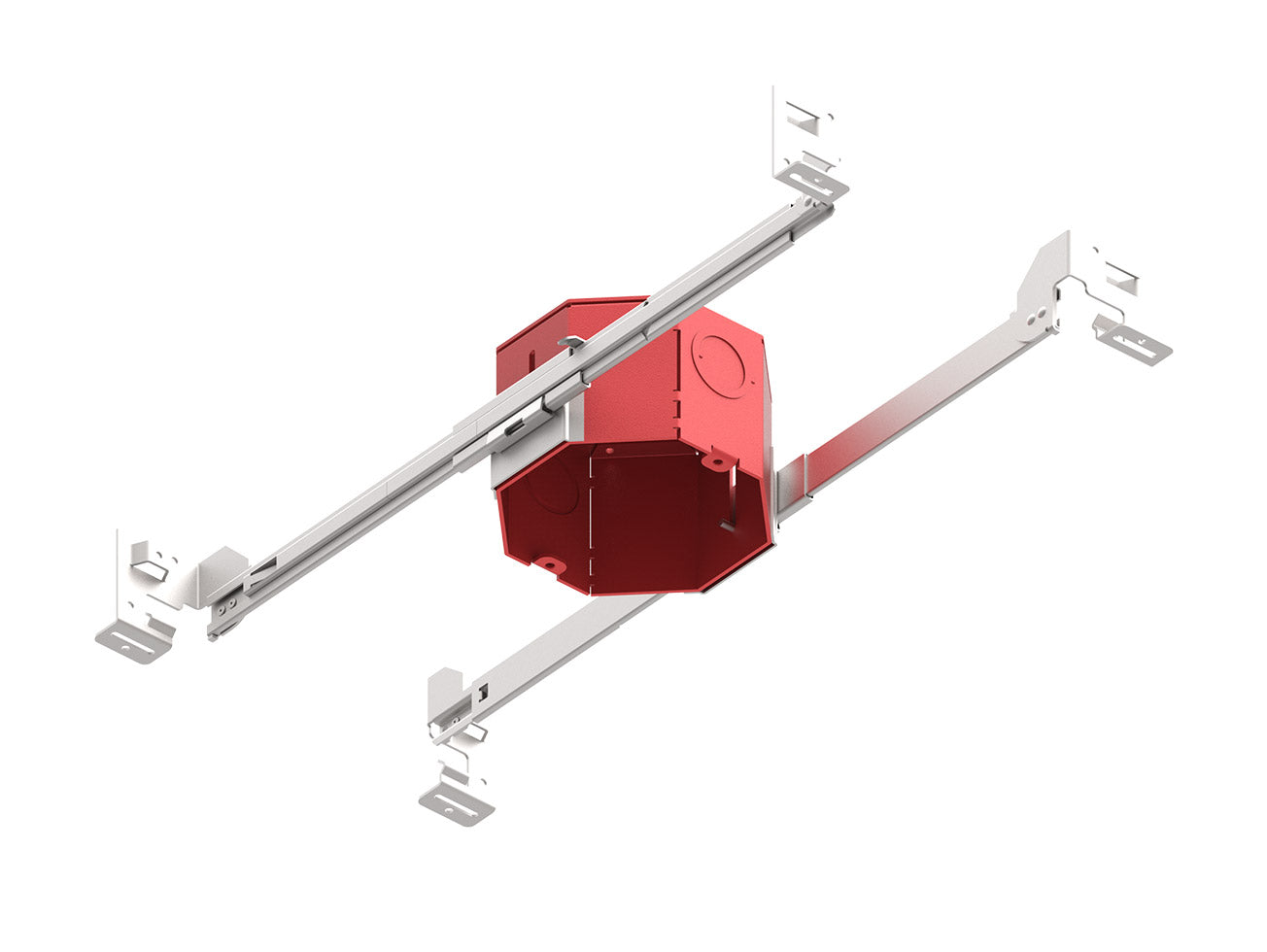 Octagonal red DMF DRDHNJO Surface Frame for LED housing with white adjustable bars for fire and sound-rated installations.