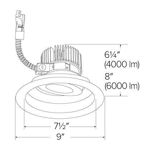 ELCO Lighting E818L6030W adjustable LED trim, white finish, gimbal ring, labeled dimensions, 6000 lm output.