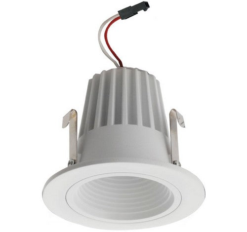 White round diecast LED adjustable light engine with ribbed exterior, wire connector, and installation clips, 2 inches.