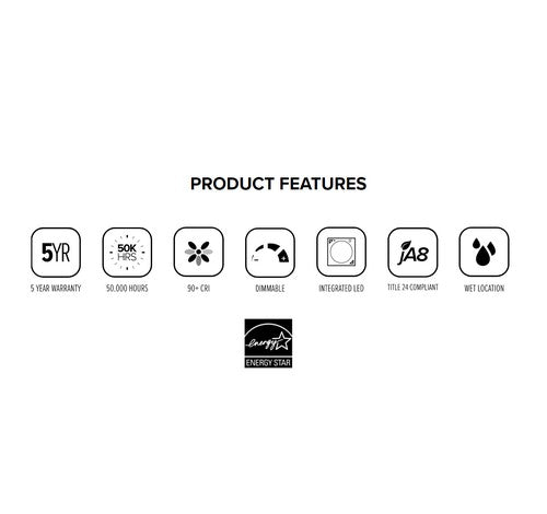 Icons depicting features of ELCO Lighting E215C1827W: 5-year warranty, 50,000 hours, 93+ CRI, dimmable, integrated LED, Title 24, wet location.