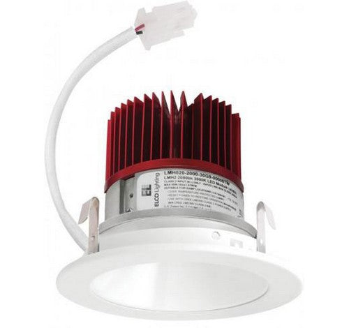 Modern LED recessed light engine with red reflector trim, white round casing, and attached wiring; ELCO Lighting E410C08.