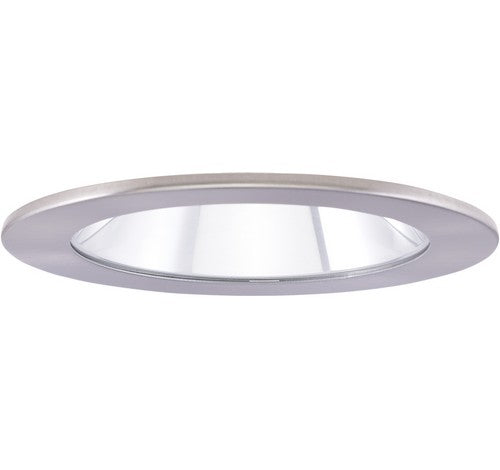 4" nickel adjustable shower trim with clear reflector and lens, compatible with MR16 lamps.