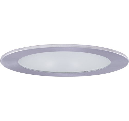 4" nickel adjustable shower trim with frosted lens and clear reflector, 25° tilt, for MR16 lamps.