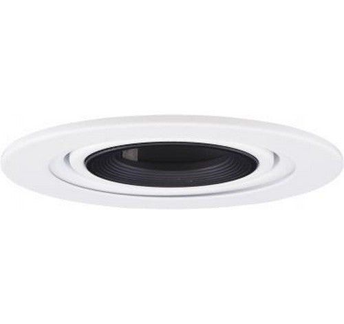 4" black gimbal ring with white baffle trim for recessed lighting.