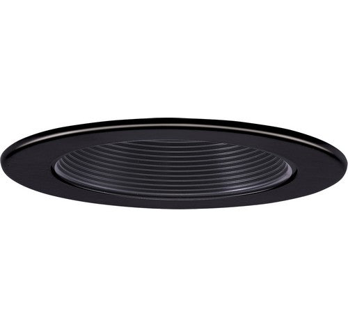 4" all black step baffle trim for recessed lighting with adjustable metal phenolic construction and 25° tilt feature.