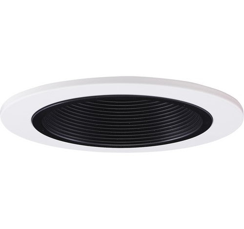 Black step baffle with diecast trim, surrounded by a white ring; 4" adjustable Elco lighting fixture for recessed use.