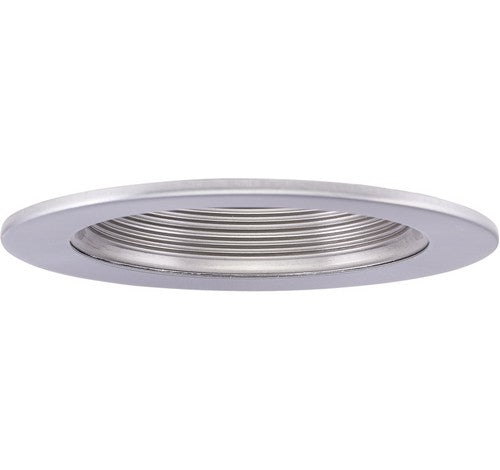 4" nickel step baffle trim for LED recessed lighting, adjustable with gimbal ring for flush ceiling installation.