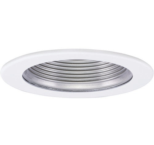 Adjustable nickel step baffle trim with white ring for 4" recessed lighting, designed to reduce glare and hold an MR16 lamp.