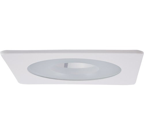 4" white square shower trim with frosted pinhole lens and chrome reflector for LED recessed lighting.