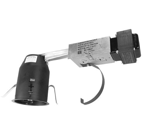 ELCO Lighting EL2699REA 3" low voltage airtight remodel housing in black and metallic, with attached transformer and adjustable bars.