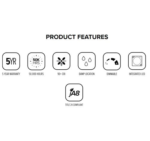 Icons illustrating features of ELCO Lighting EL39727B: 5 year warranty, 50,000 hours lifespan, 90+ CRI, damp location, dimmable, integrated LED.