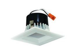 Square white LED insert trim with a reflective surface and black back, for recessed lighting applications.