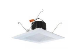 White ELCO Lighting 6" LED square insert baffle trim with hooks and black casing, ideal for recessed lighting installations.