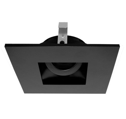 Black square die-cast aluminum LED recessed lighting trim, adjustable pinhole design.