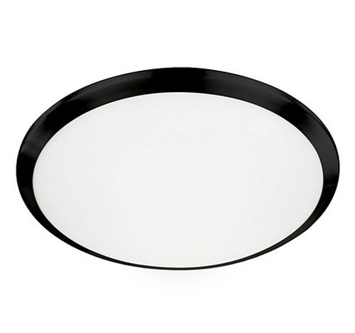 Round LED ceiling light with white opal glass and black finish.