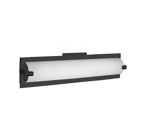 Black finish Kuzco Lighting VL0118-BK LED Lighthouse Vanity Light with white opal glass cylinder and metal brackets.