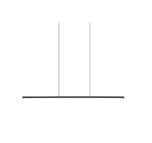 Black rectangular Kuzco LED Chute Linear Suspension Light with two slim cylindrical stems for ceiling mounting.